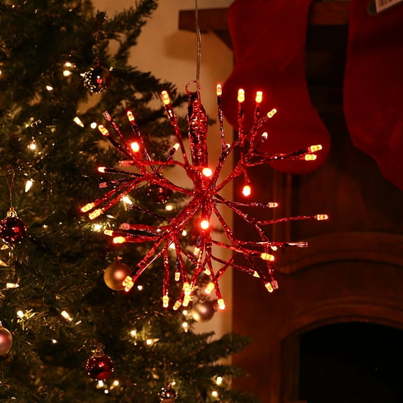 Alpine Corporation 10" Iron Twig Light-Up Snowflake Holiday Ornament, Red