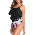 thumbnail image 4 of Seyurigaoka 2 Pcs Women’s Summer Tankini Set, Flower / Solid Color Ruffle Camisole + Printed High Waist Bikini Thong, 4 of 8