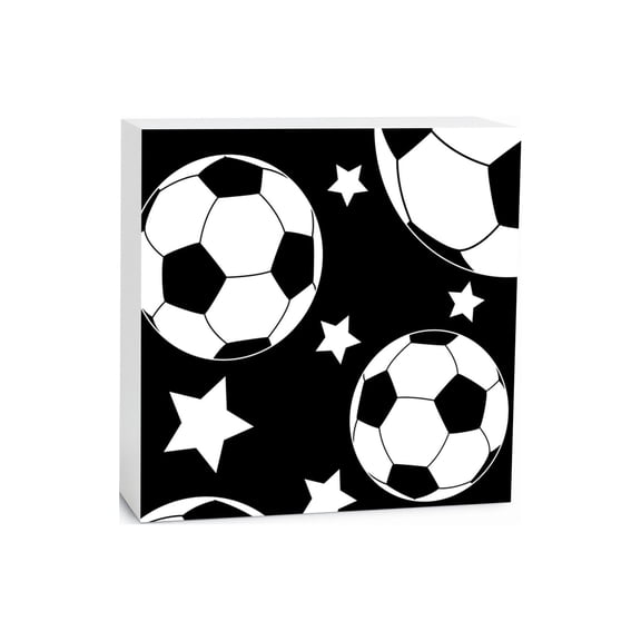 Soccer Balls White Stars 5 x 5 Wood Tabletop Sign Plaque