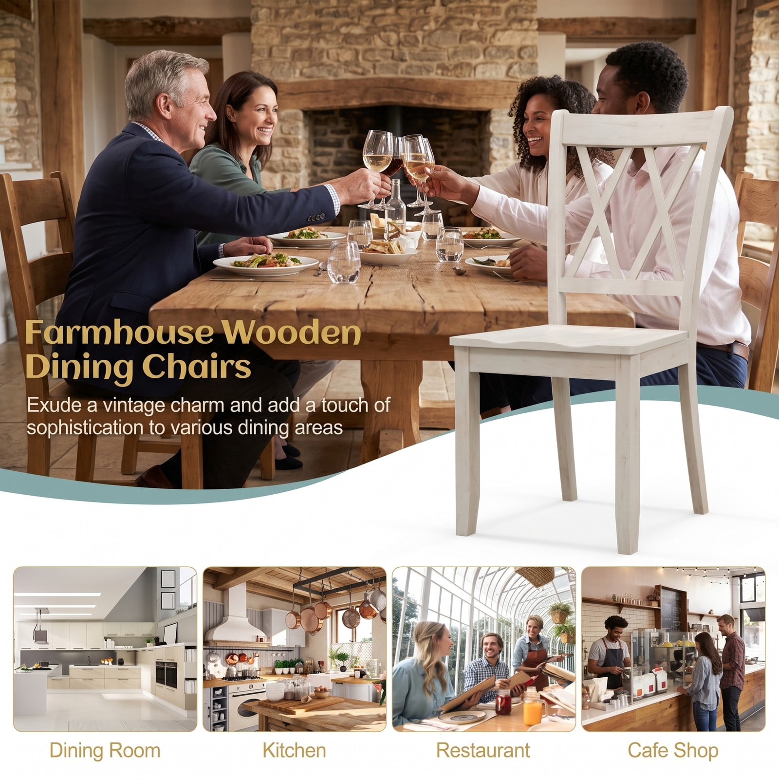 Furnibear Set of 2 Wooden Dining Chairs, Mid Century Modern Farmhouse Kitchen Side Chairs with High Backrest and Rubber Wood Frame for Dining Room, White