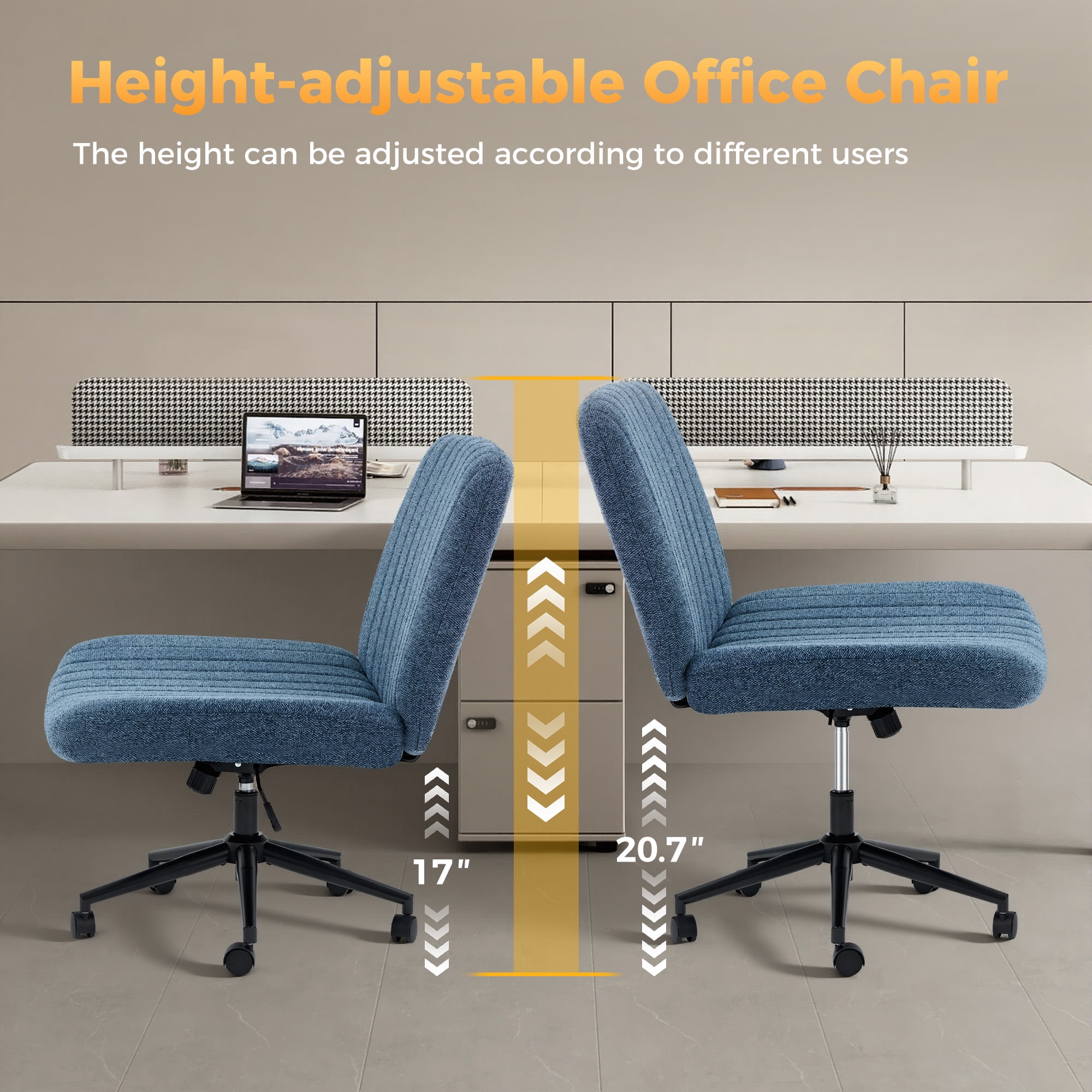 Office Chair Armless Criss Cross Legged Chair with Wheels, Comfy Home Office Desk Chairs, Adjustable Swivel Padded Fabric Vanity Task Computer Chair,Blue