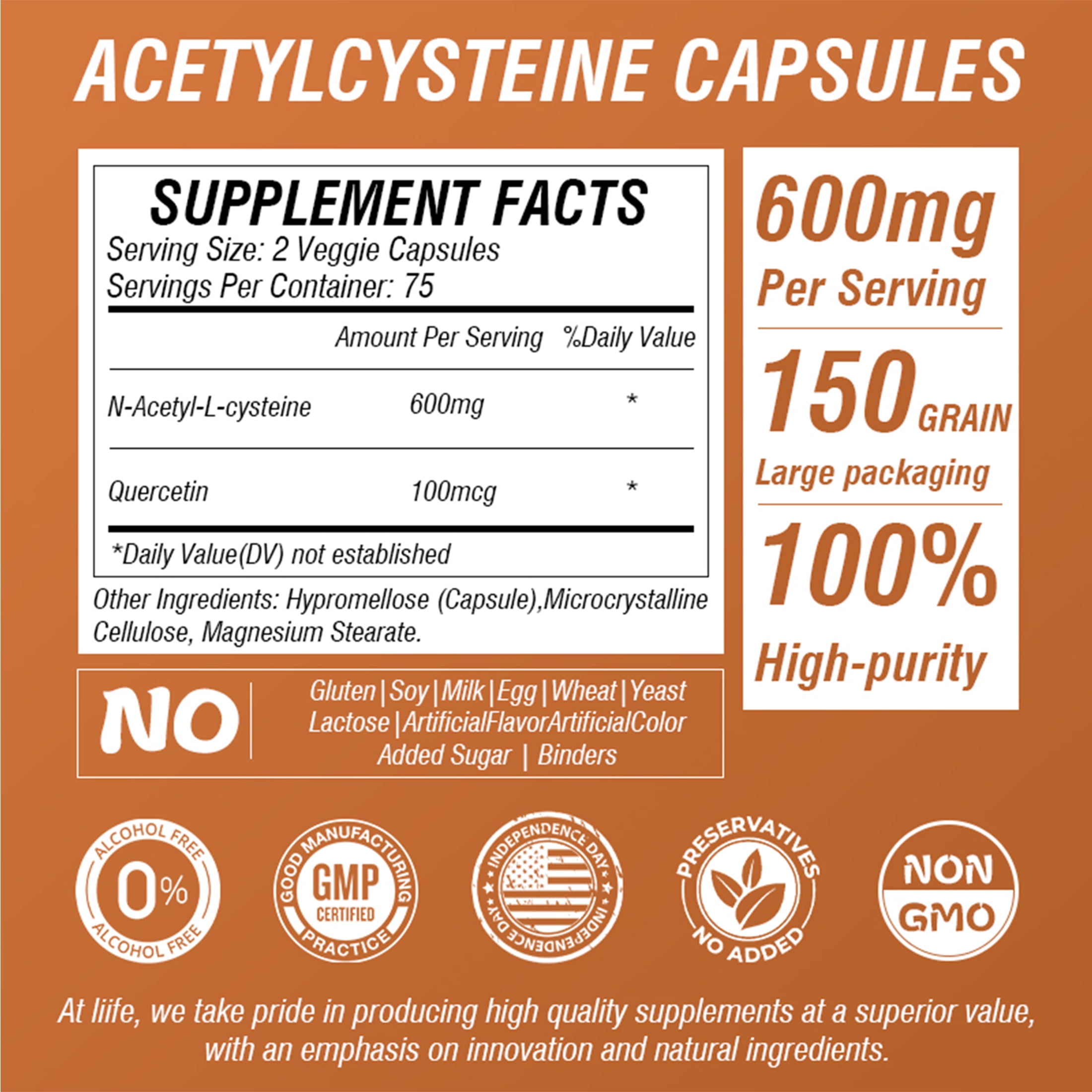 Liife NAC Capsules,with N-Acetyl-L-Cysteine and Quercetin Support Cellular, Liver and Respiratory Health, 150 Capsules, 2.5 Months Supply, Adult, Affordable Packaging
