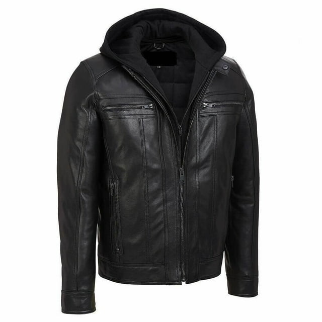 Genuine Leather Biker Jacket Hooded Motorcycle Jacket Leather Jacket With Hood Mens Leather Jacket With Hood Motorcycle Jackets For Men size XS