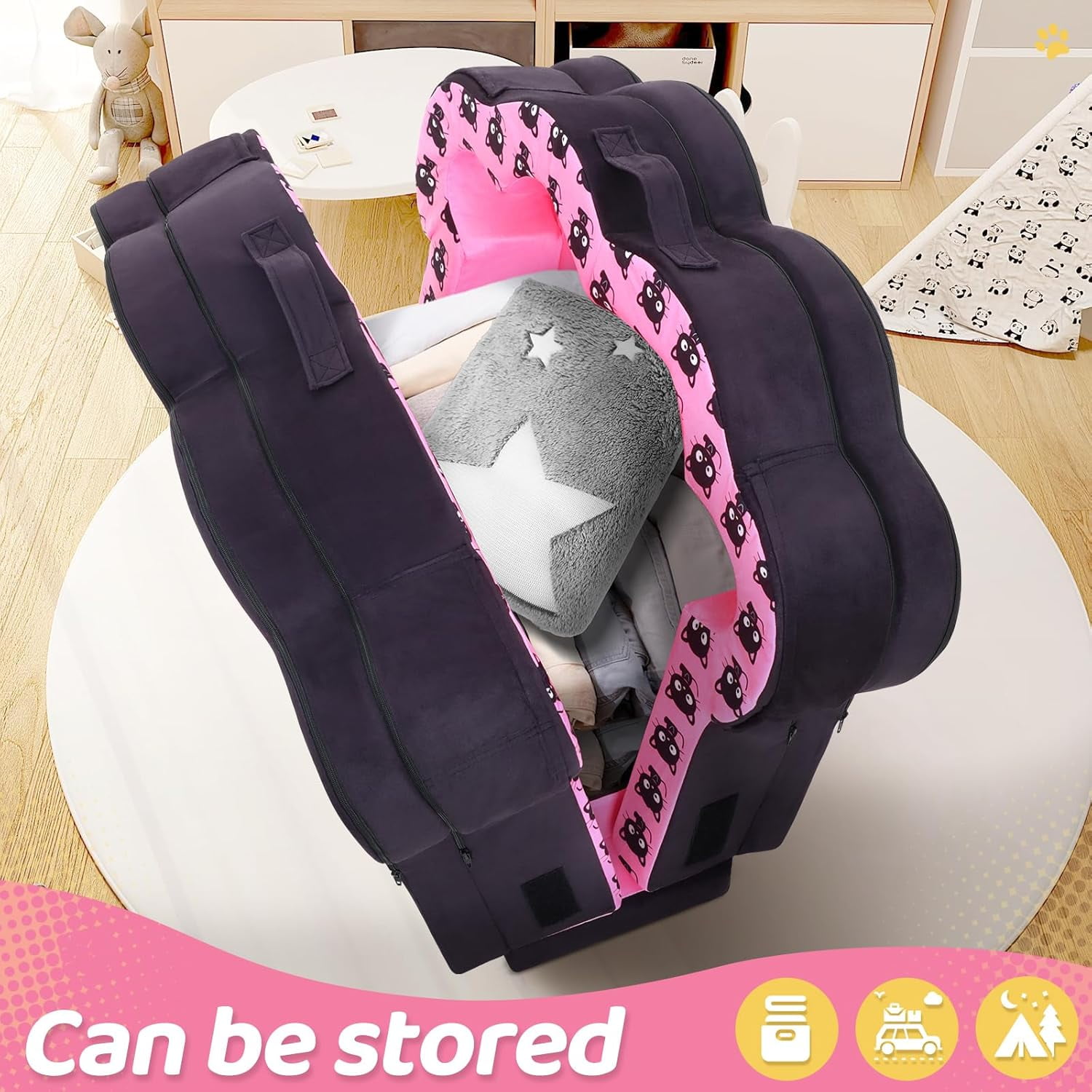 Datingday Black Pink Portable Toddler Bed,Soft,Safe and Washable Toddler Floor Bed for Toddlers,Foldable Toddler Travel Bed for 1-3 Kids(Black,S)