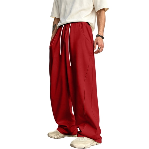 GrmtClth Mens city commute pants elegant premium drape texture wide leg casual trousers loose oversized silhouette daily travel outfit Red XL