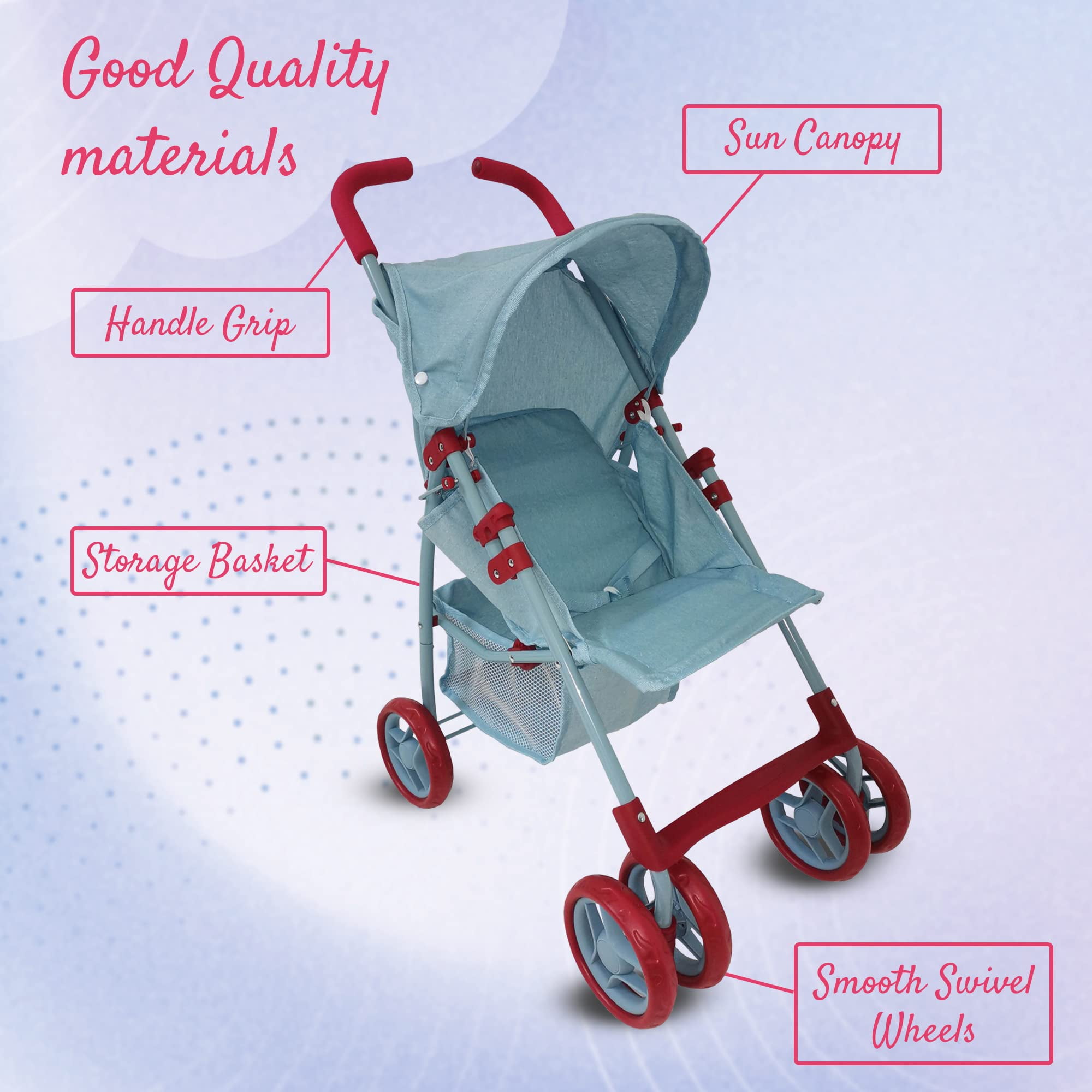 The New York Doll Collection Light Denim Print Baby Doll Stroller for Kids, Girls, Boys