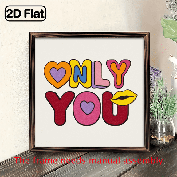 2D Flat Valentine's Day Wall Decor, 8x8 Inch Wooden Frame Sign, Romantic Love, Heart-shaped Letters and Lip Prints, Cartoon Illustration Style Sign, Wall Art Print Painting For Living Room Bedroom