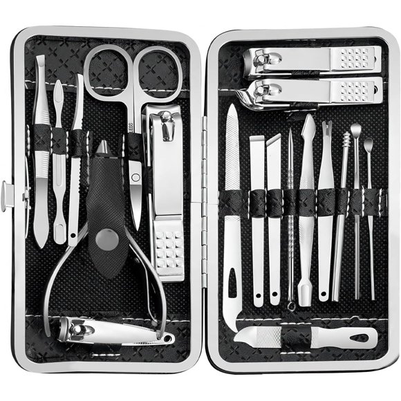 shiyou-Manicure Set - 19 in 1 Professional Nail Clippers Pedicure Kit, Manicure Tool Kit, Stainless Steel Facial Grooming Set Kit, Gift Idea for Women, Men, Girls, Teens, Black