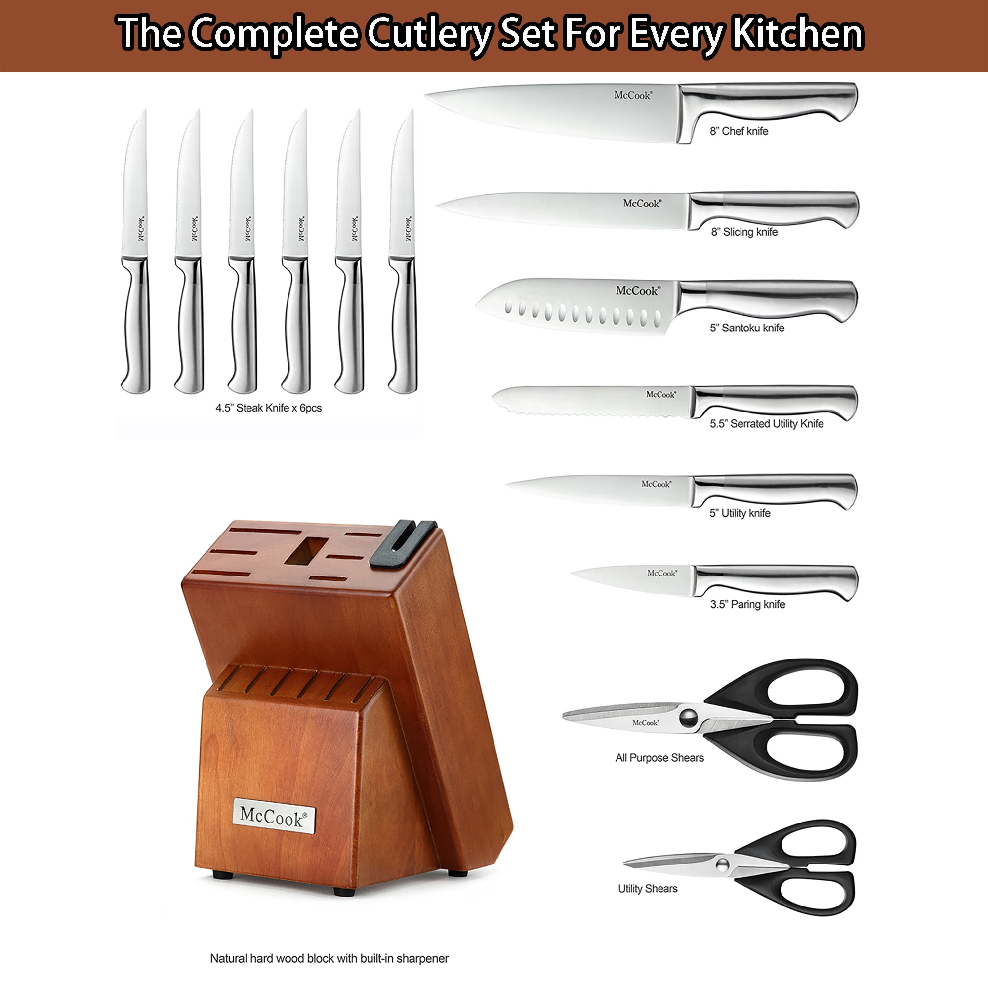 McCook® Stainless Steel Kitchen Knife Sets with Wooden Block, Kitchen  Scissors and Built-in Sharpener, Red