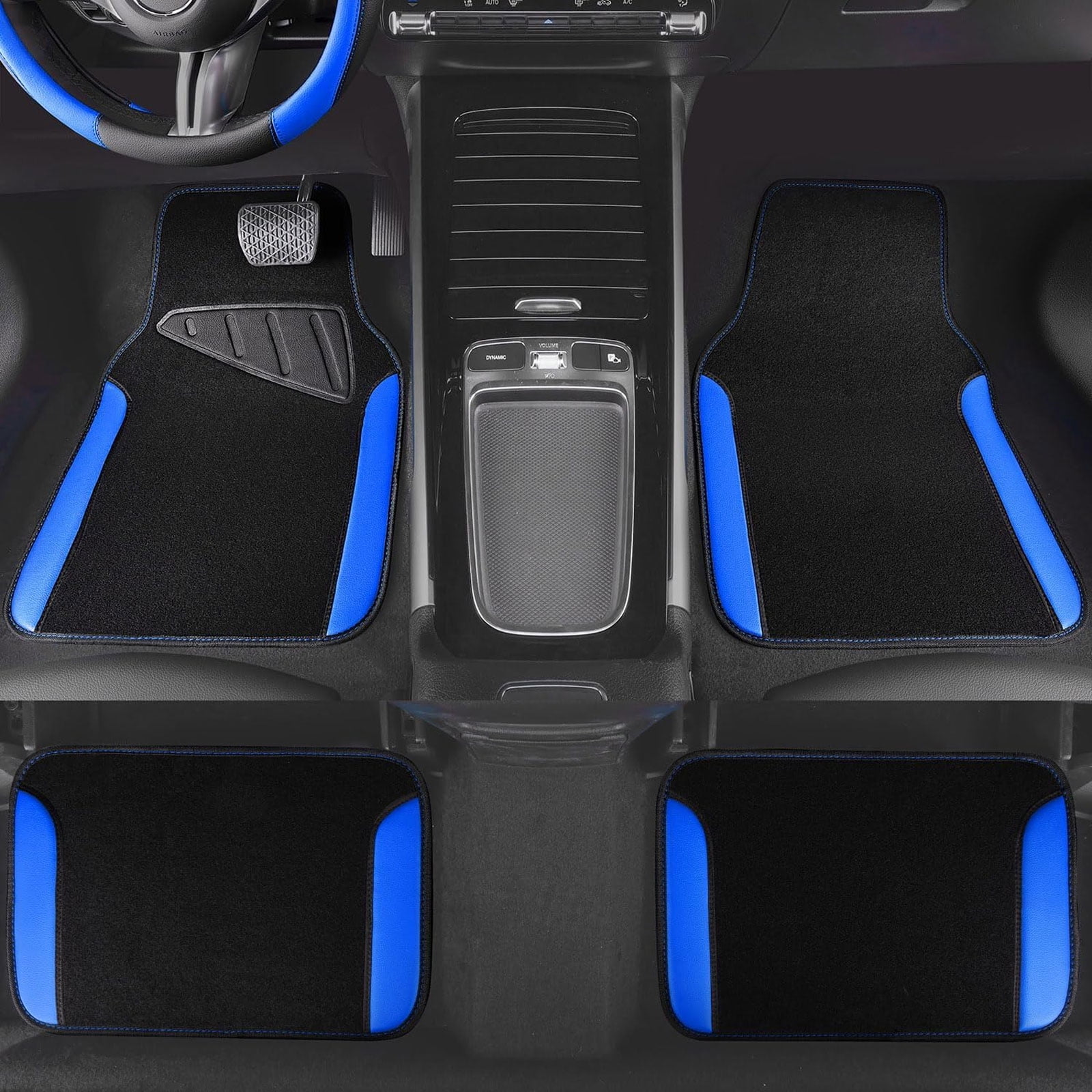 CAR GRAND Faux Leather Car Steering Wheel Cover Combo Pack Car Floor Mats, Universal Fit Waterproof Anti-slip Carpet 14.5-15 Inches Blue & Black