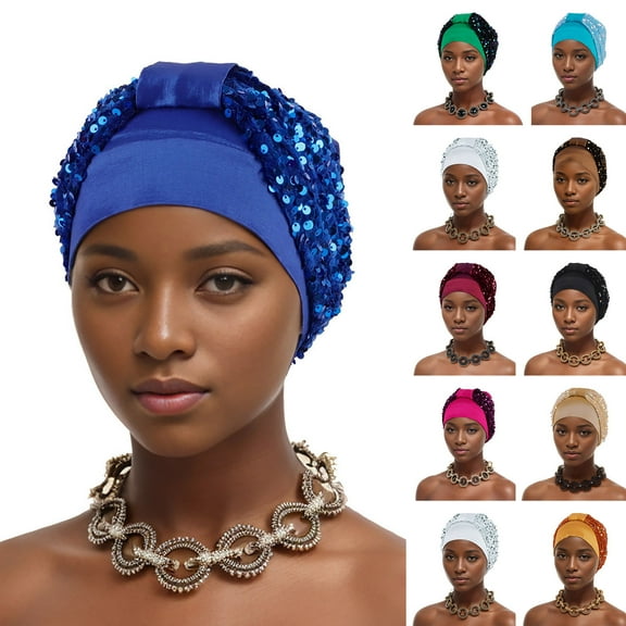 UTSJKR Women's Shining Diamonds Sequins Turban Cap African Hat Muslim Headtie Bonnet Top Knotted Turbante Head Caps Coffee