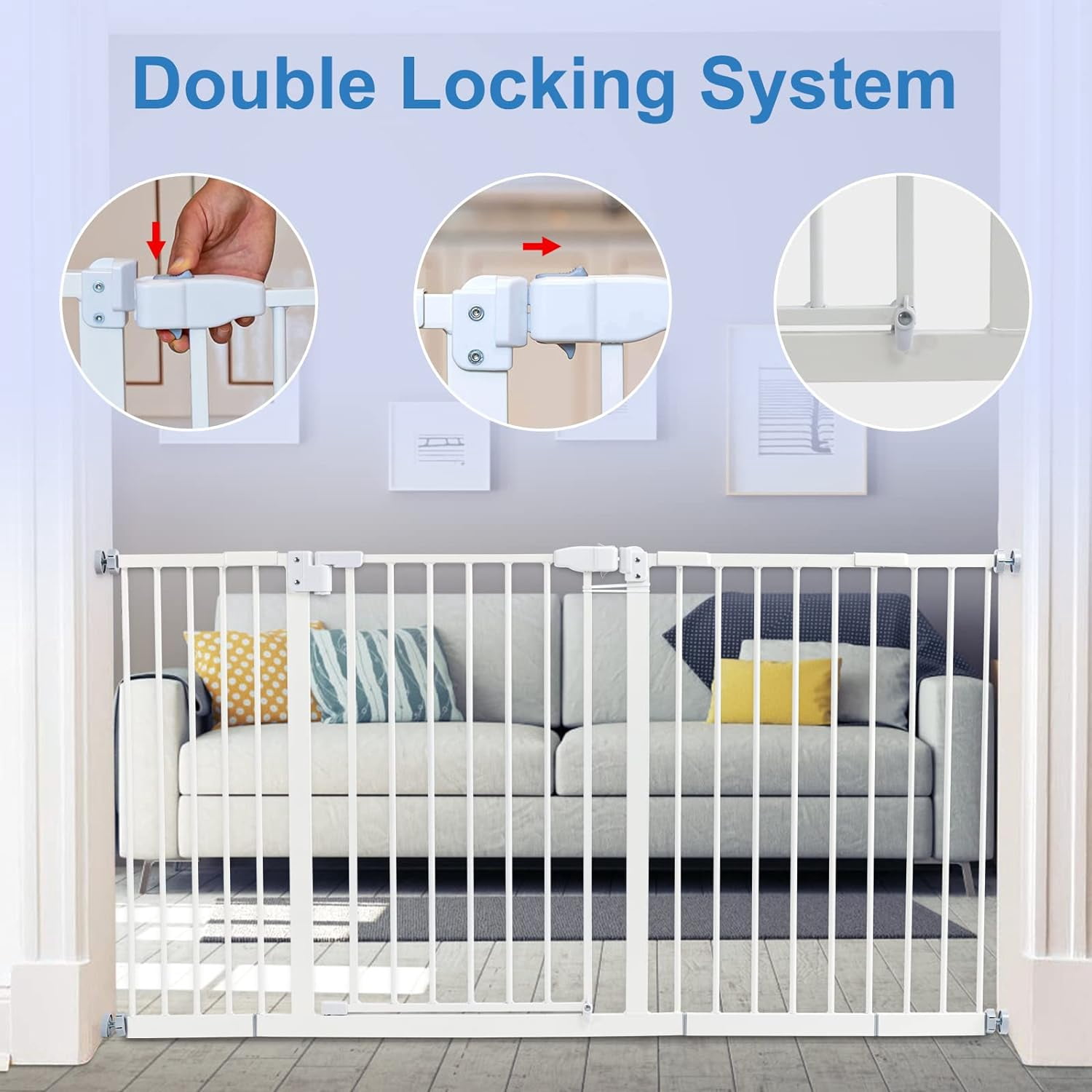 Kinfant Extra Wide Baby Gate - 58-Inch White Doorway & Stair Gate, Tall & Adjustable Extension Pressure Pet Gate, with Extension Kit, Pressure Mount Kit, Wall Cups
