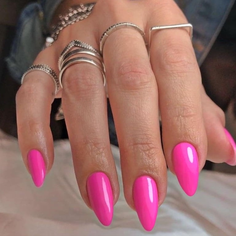 Hot Pink Press on Nails Almond Nails, Glossy Fake Nails Glue on