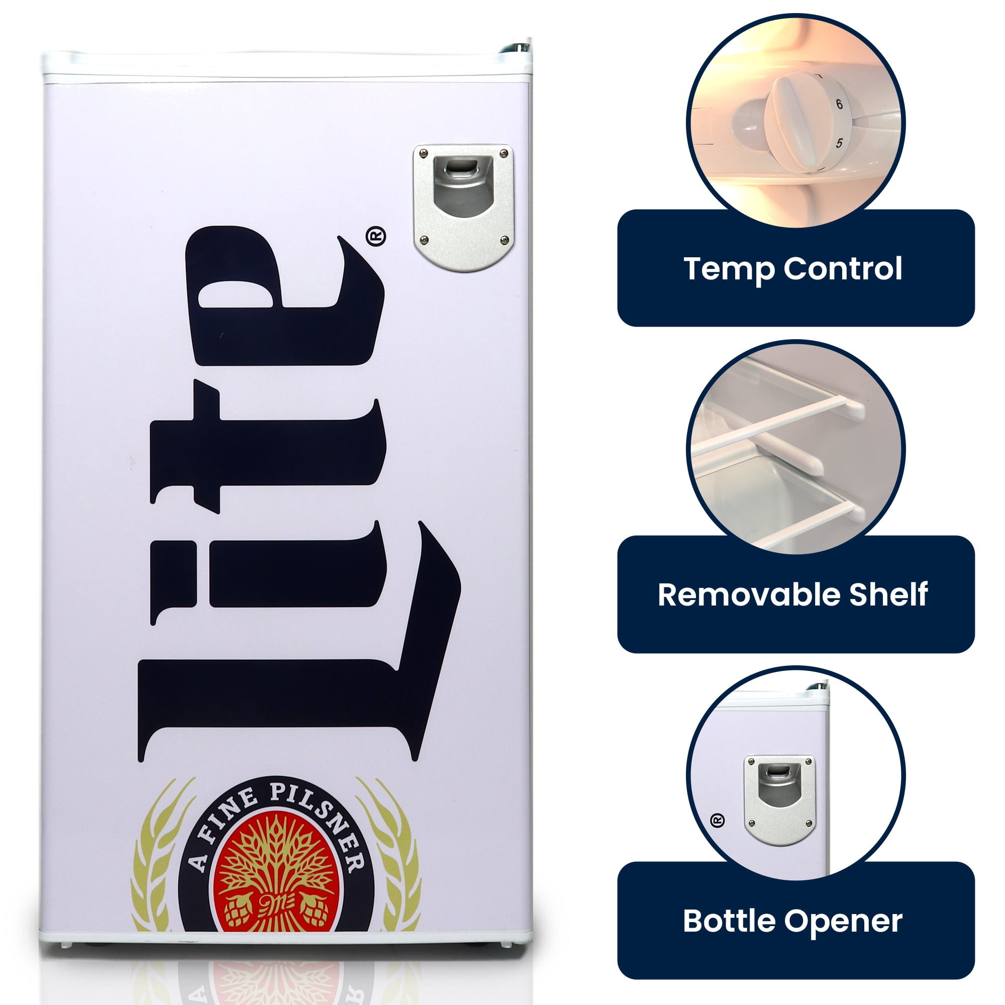 Miller Lite Compact 90 L Fridge with Bottle Opener, White
