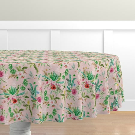 

Cotton Sateen Tablecloth 90 Round - Bloom Blush Jungle Tropical Island Palm Leaf Rose Floral Garden Flowers Nature Parrot Pink Girl Room Print Custom Table Linens by Spoonflower