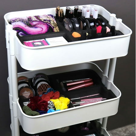 Polar Whale 3 Piece Utility Cart Organizer Insert Set Compatible with IKEA Raskog Tray for Makeup Cosmetics Lipstick Nail Polish Compacts 11.5 X 16 Inches Black Foam Many Compartments Inserts Only