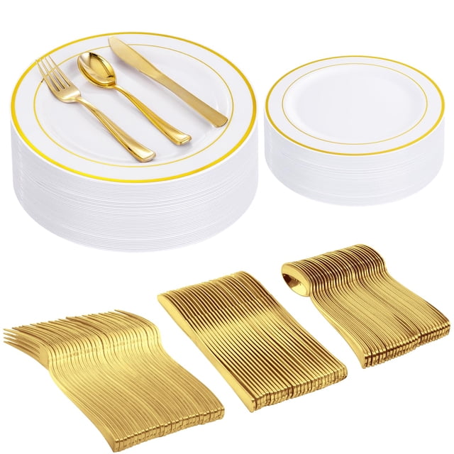 I00000 300 Pcs Gold Plastic Plates with Gold Silverware, White&Gold Plastic Dinnerware Set for Party Include: 60Dinner Plates 10.25", 60Dessert Plate 7.5", 60 Silverware Sets