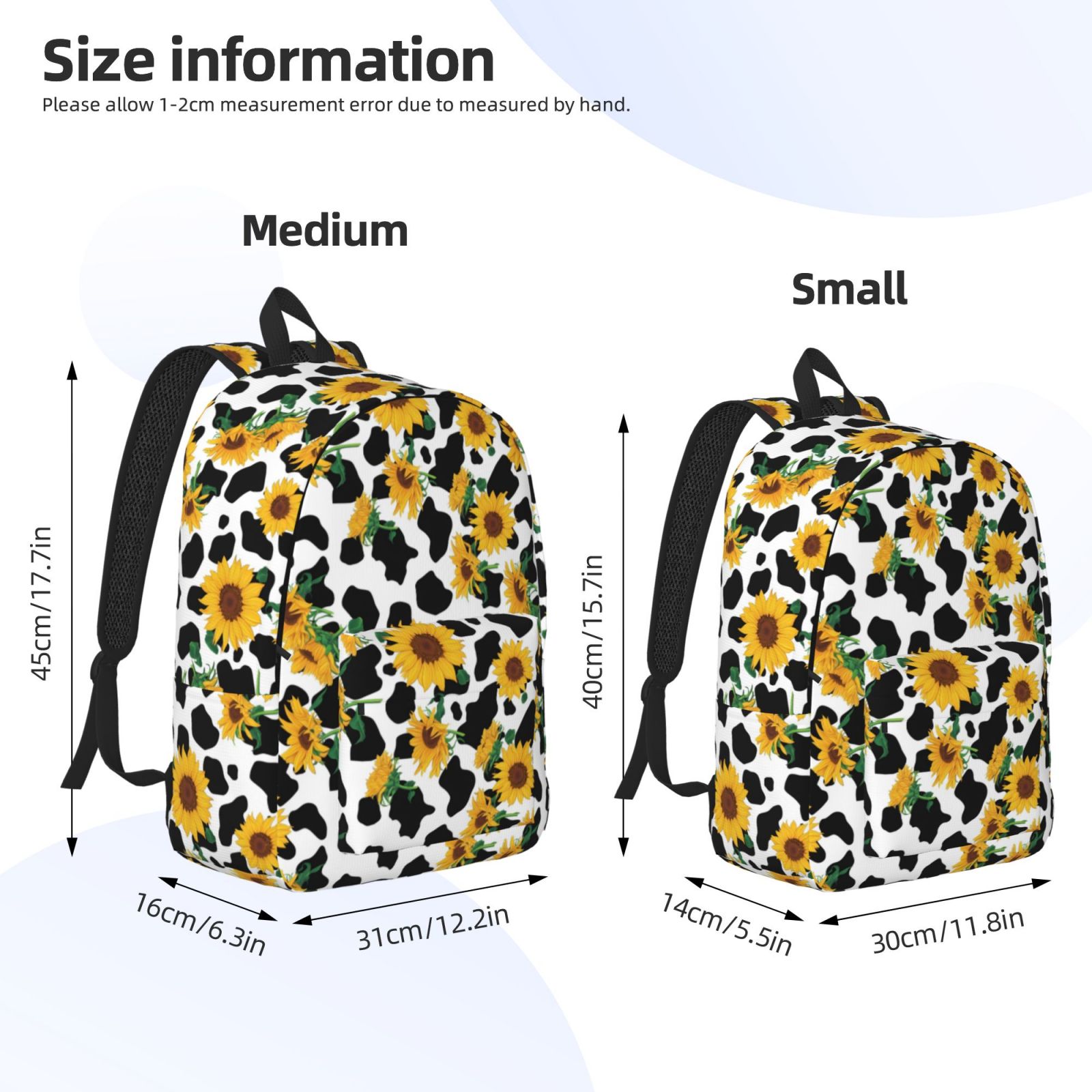 Rateoe Cute Cow Print Sunflower A Pattern Durable Canvas Backpack for Men & Women – Stylish & Lightweight – Adjustable Straps, Multiple Pockets – Fits 15-17 Inch LaptopsSmall
