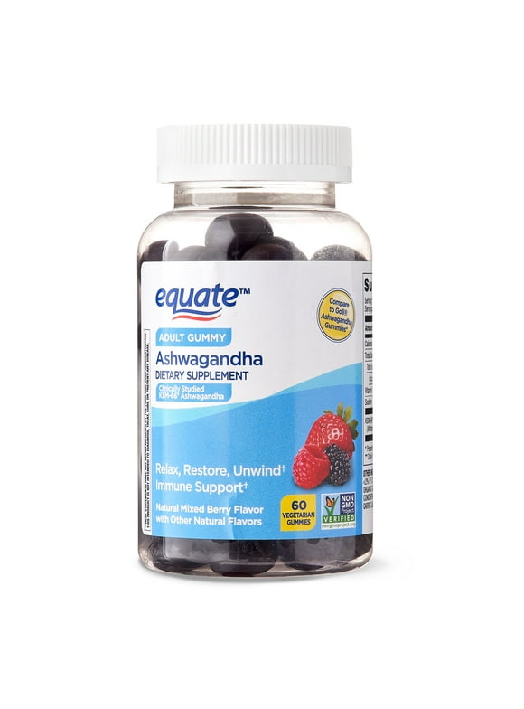 Equate Ashwagandha Non GMO Dietary Supplement Gummies, Mixed Berry, 60 Count