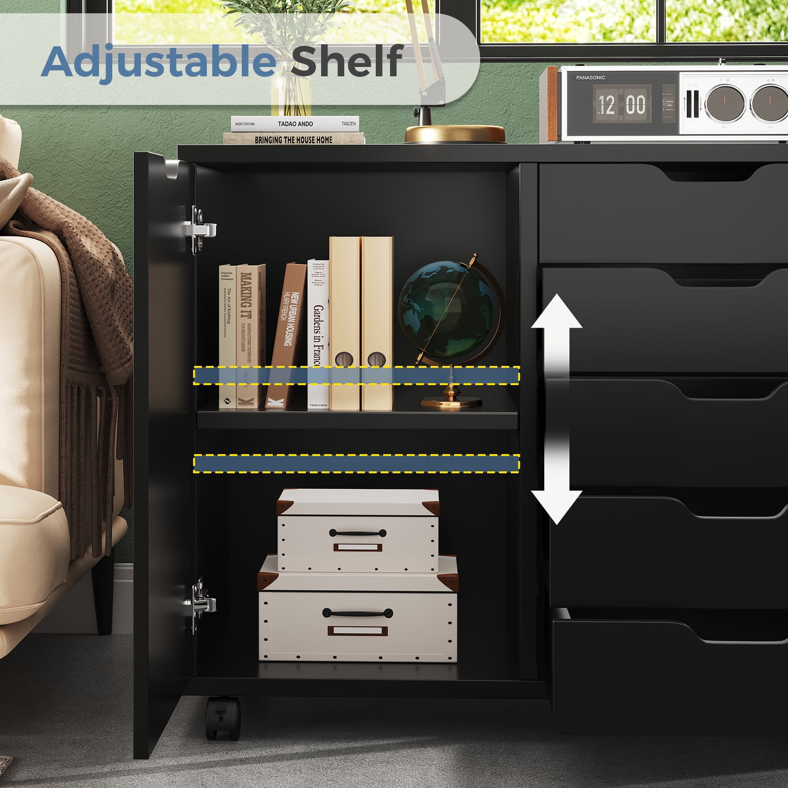 Gianna 5-Drawer Wood File Cabinet, Mobile Printer Stand with Adjustable Shelf & Wheels, Storage Shelves for Home Office