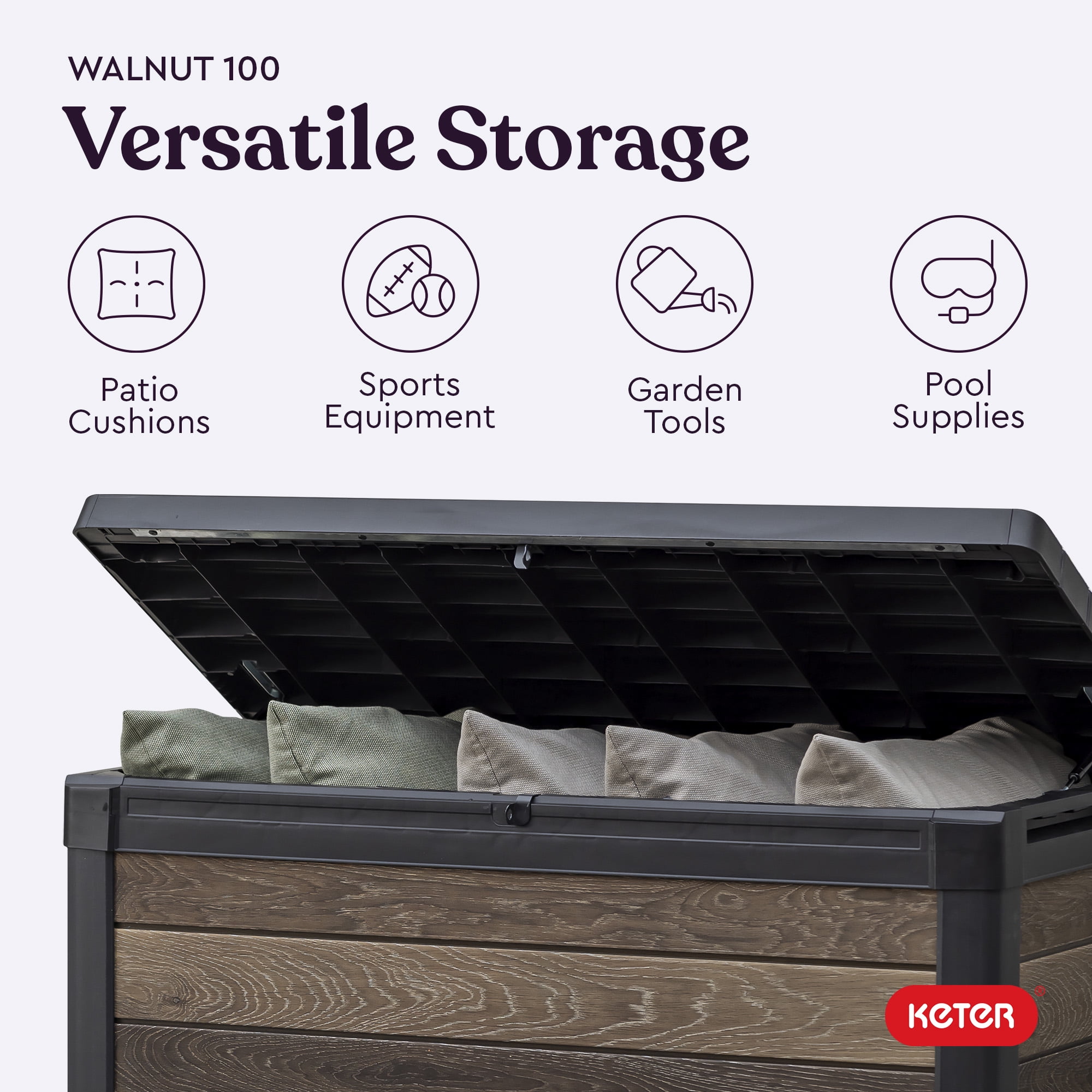 Keter Signature 100 Gallon Durable Resin Outdoor Deck Box Storage Organization, Walnut