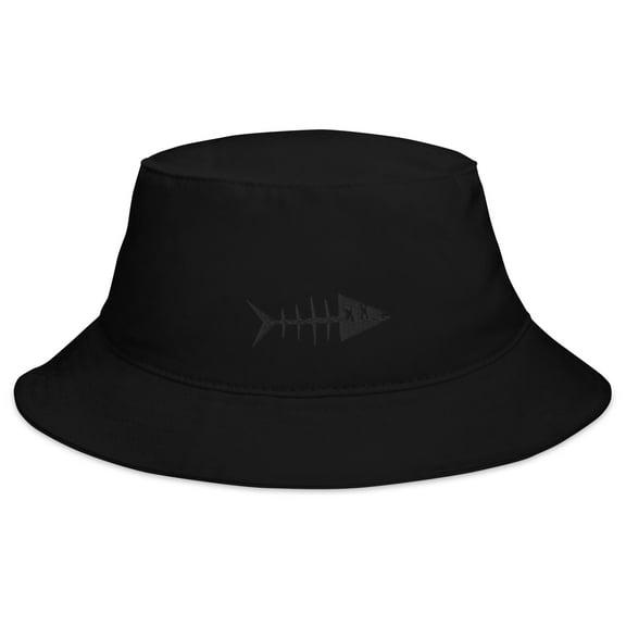 Clishirt Adult Unisex Embroidered Black Fish Cotton Black Bucket Hat