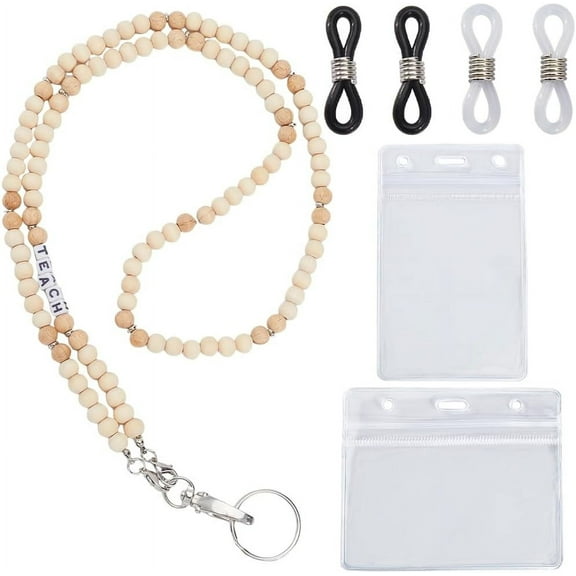 1Set Teacher Lanyard with ID Holder 32.4" Long Wooden Beaded Neck Strap Lanyards Portable for ID Badges Keys Cards