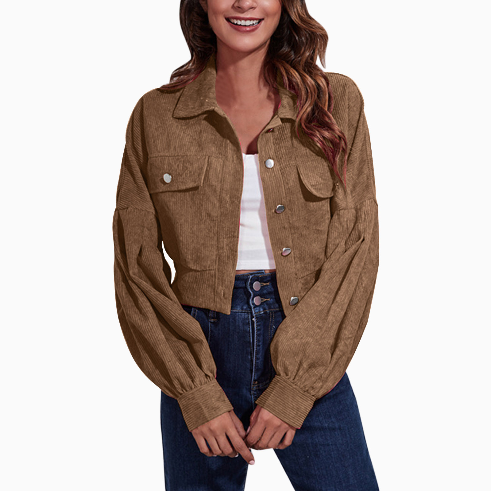 Womens Casual Flannel Wool Blend Lapel Button down Women Business Casual Outfit Women's Fashion Corduroy Jacket Autumn Winter Drop Shoulder Long Sleeve Short Jacket Cycling Jacket Women Winter - image 3 of 6