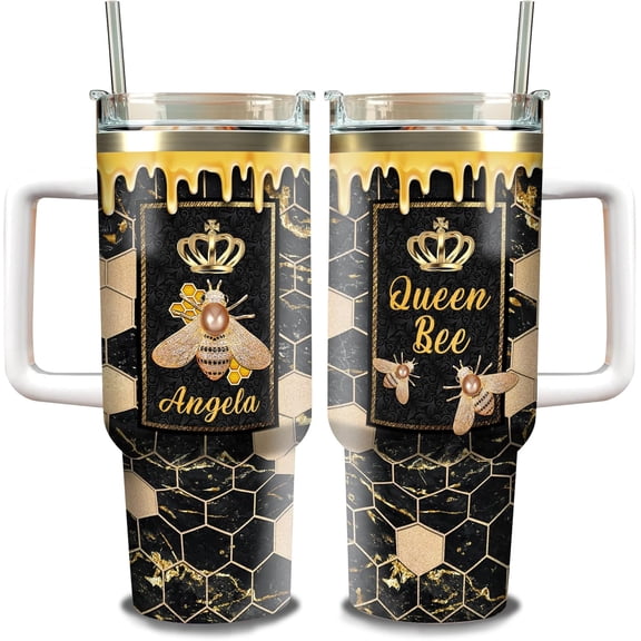 Personalized Queen Bee Tumbler with Handle and Straw 40oz Custom Name Double Wall Vacuum Stainless Steel Travel Coffee Mug Novelty Jewelry Style Birthday Gift For Bee Keeper Girls Women