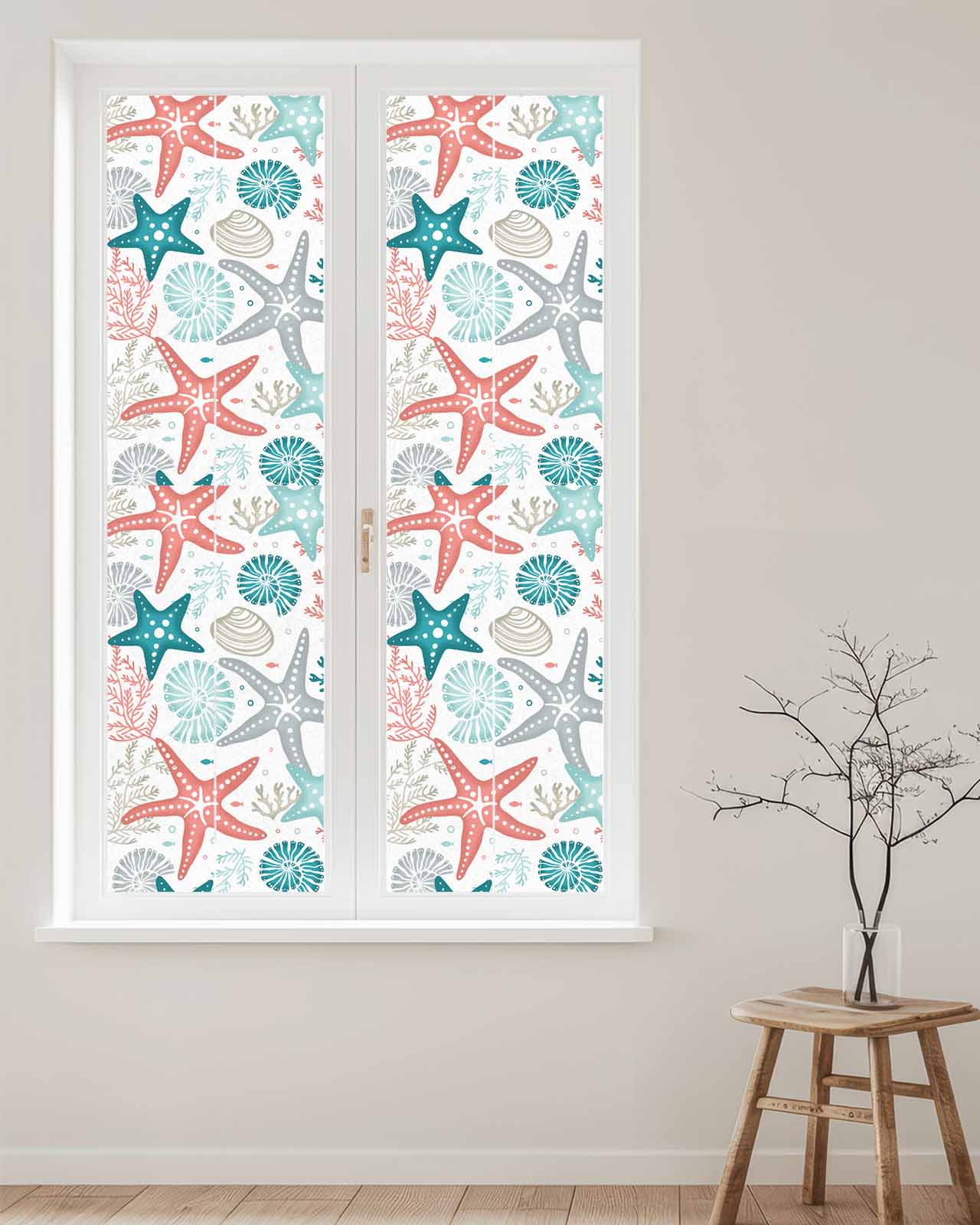 Window Privacy Film, Teal Green Coral Sun Blocking Window Tint Film Heat Control One Way Blackout Window Film, Spring Summer Coastal Starfish Beach Nautical Conch Non Adhesive Static Cling 17.7x78.7