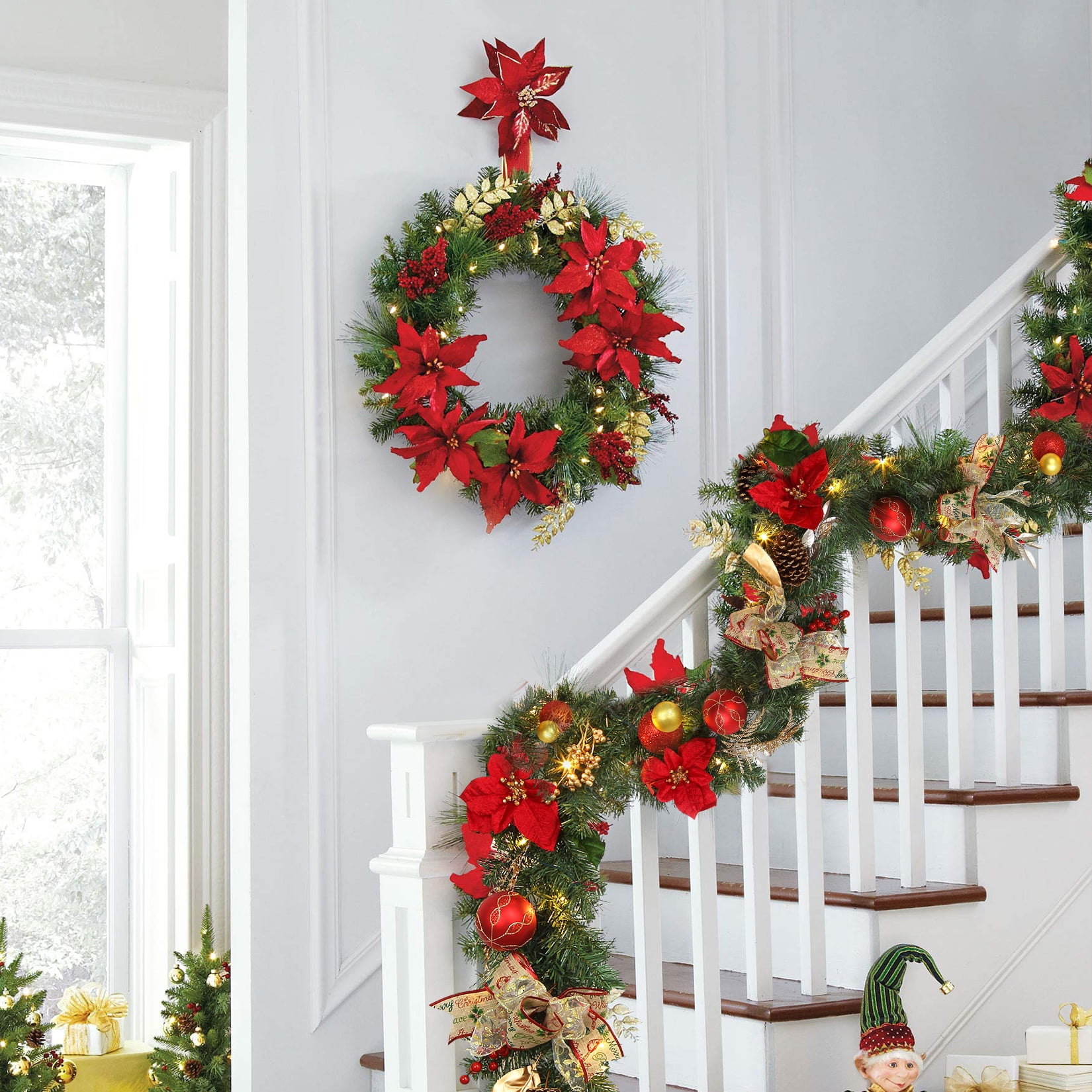 The Holiday Aisle Large Gold Leaf Garland Decorative Gold Garland for Christmas Fireplace Decor Front Door Stairs Engagement
