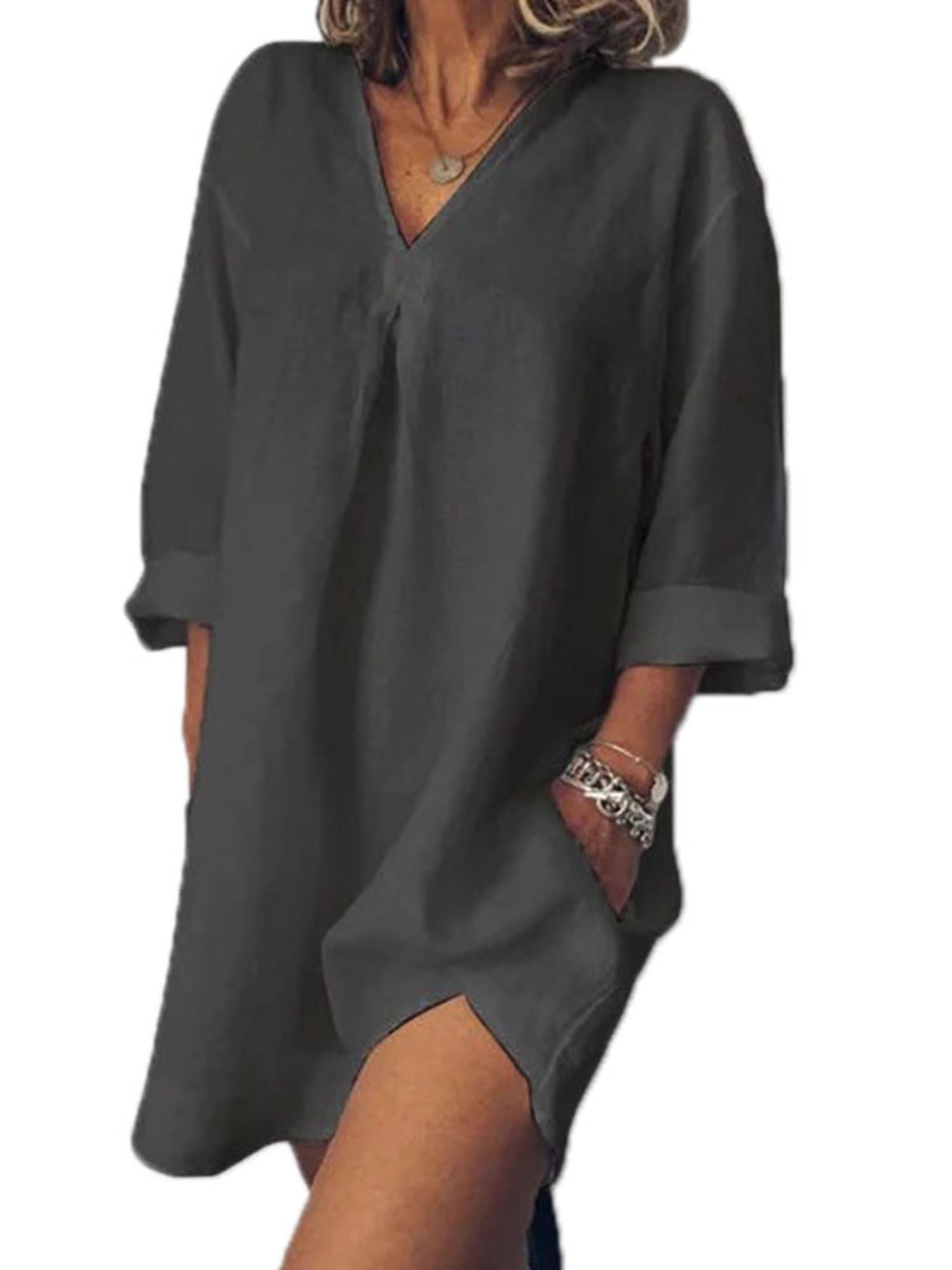 LALLC - Women's 3/4 Sleeve V Neck Pockets Split Shirts - Walmart.com