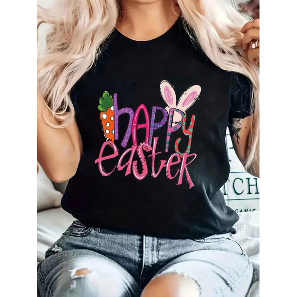 Happy Easter Print T-Shirt, Casual Crew Neck Short Sleeve Comfort Tee Top For Spring & Summer, Women's Clothing Tee For Adult, Men, Women, Teen, Teenager, Adolescent, Youth