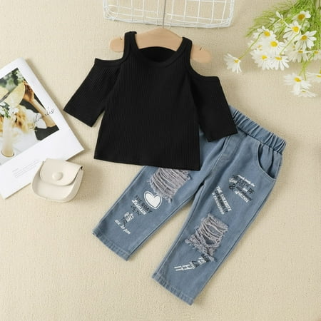 

Hunpta Toddler Kids Baby Girls Long Sleeve Ribbed T Shirt Tops Hole Crop Denim Jeans Long Pants 2PCS Outfits Clothes Set