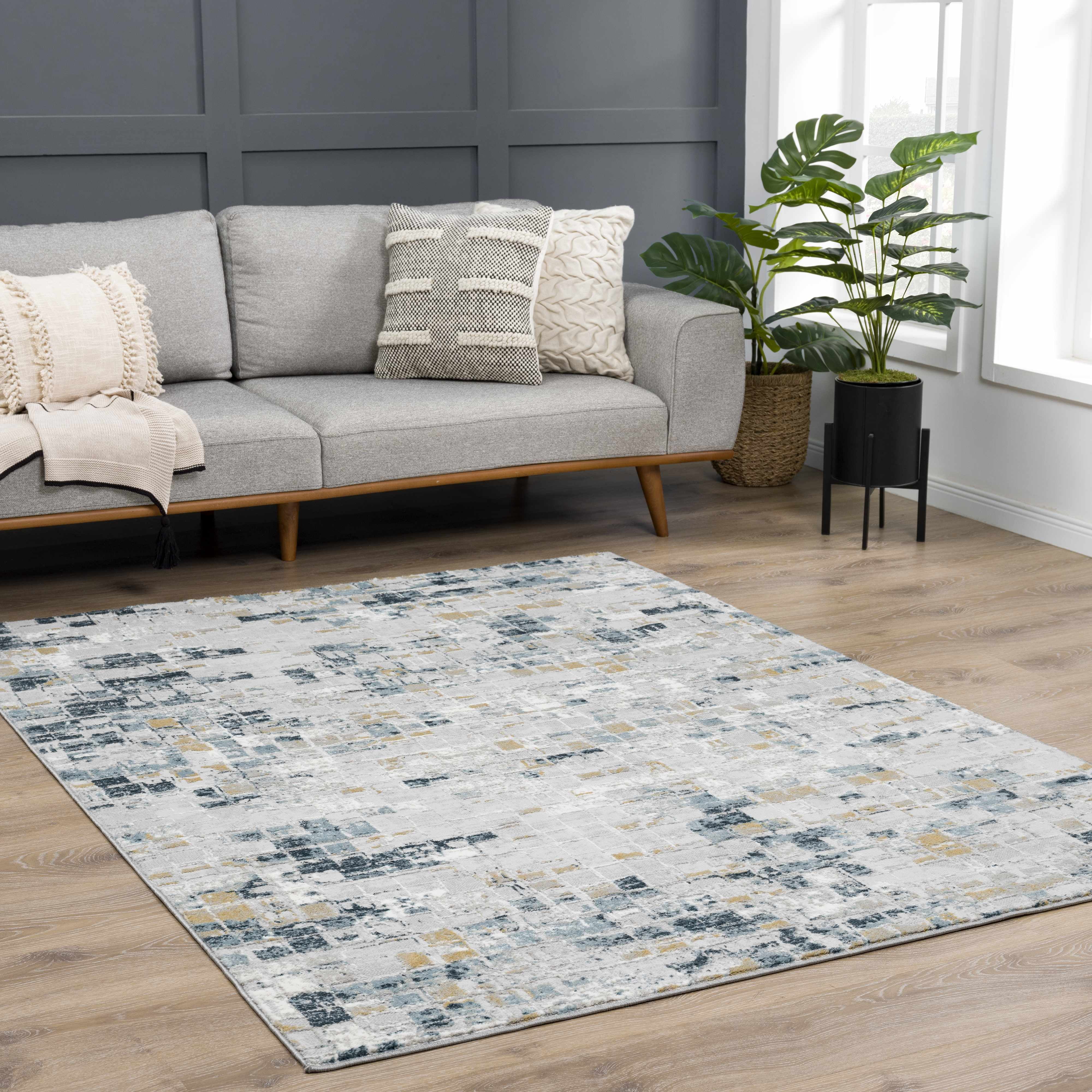 Hauteloom Liverpool Modern Abstract Bedroom Living Room Small Area Rug - Square Tile Carpet - Contemporary Bohemian Farmhouse - Blue, Grey, Brown, Off White - 2' x 3'