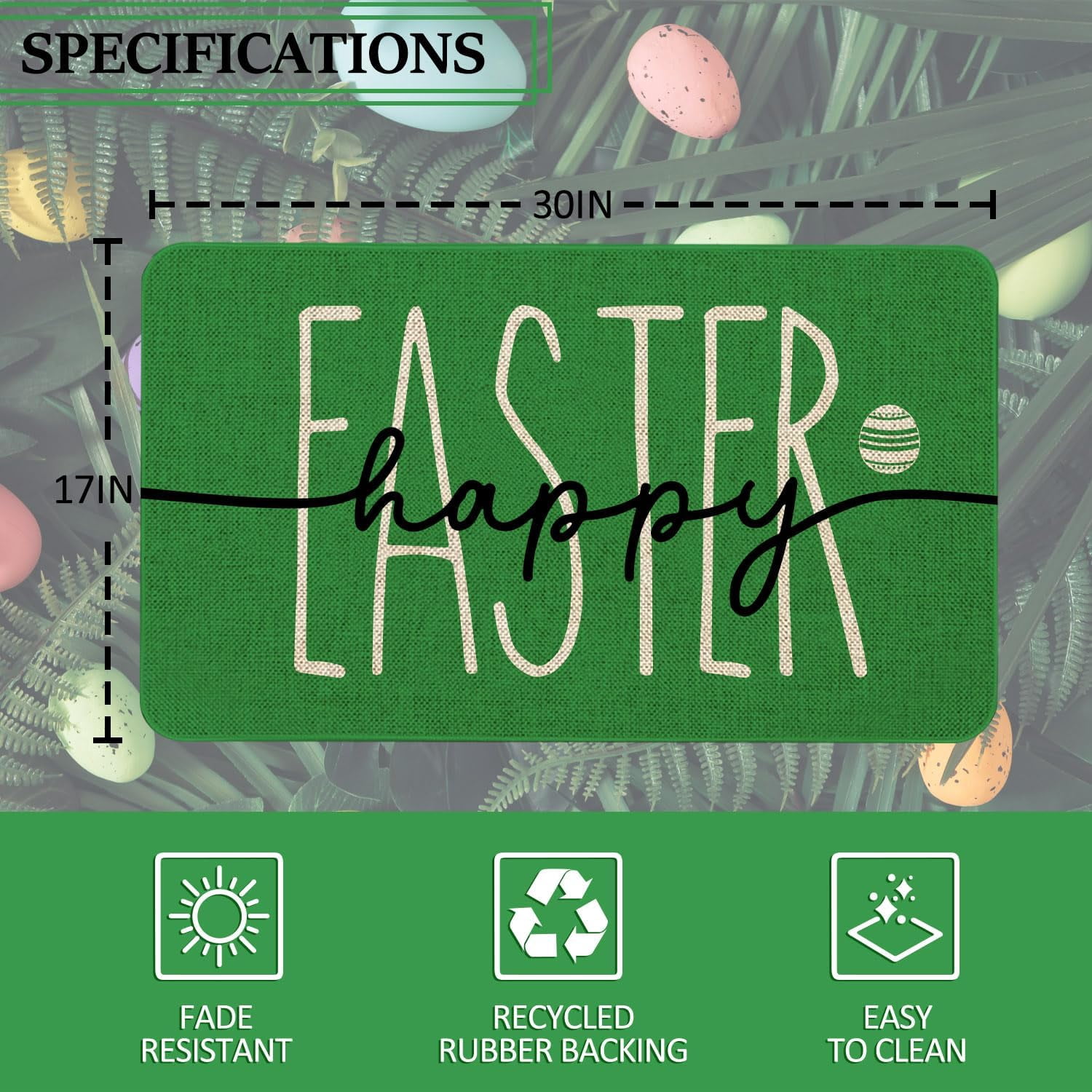 Happy Easter Door Mat Funny Text Indoor mat, Green Holiday Spring Creative Decorative Seasonal Burlap Welcome Floor Mat Switch Mat for Outdoor 17 x 30 in