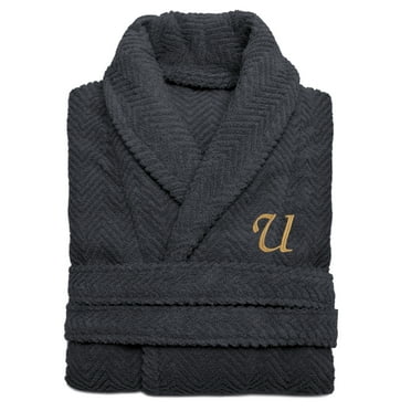Authentic Hotel and Spa  Charcoal Grey with Gold Monogrammed Herringbone Weave Turkish Cotton Unisex Bath Robe V S/M
