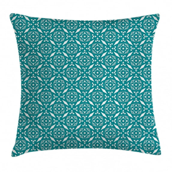 Persian Throw Pillow Cushion Cover, Ethnic Moroccan Geometrical Style Image with Oriental Floral Swirl Details, Decorative Square Accent Pillow Case, 20 X 20 Inches, Turquoise and White, by Ambesonne