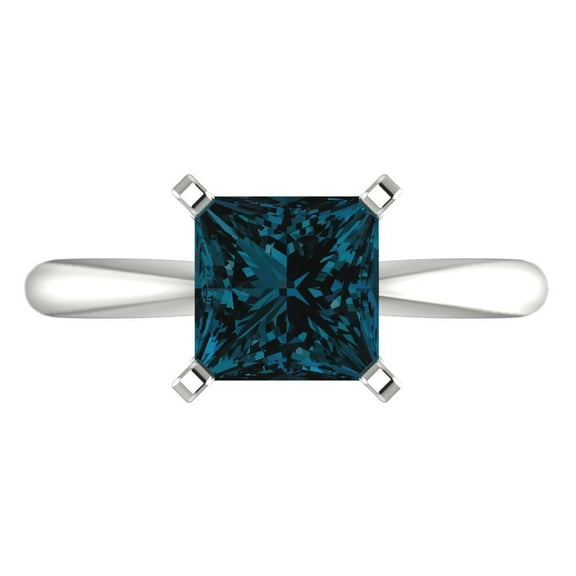 2 ct Princess Cut Natural London Blue Topaz Solitaire 18K White Gold Womens Engagement Ring