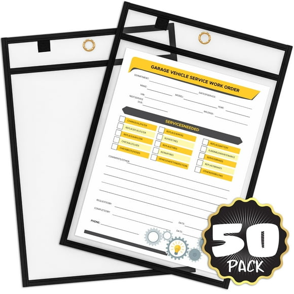 SCRIBBLEDO Job Ticket Holders 9x12 50 Pack Black Dry Erase Plastic Sleeves Heavy Duty Clear Sheet Protectors Waterproof and Tear-Resistant Pockets Ideal for Shop Tickets Work Or