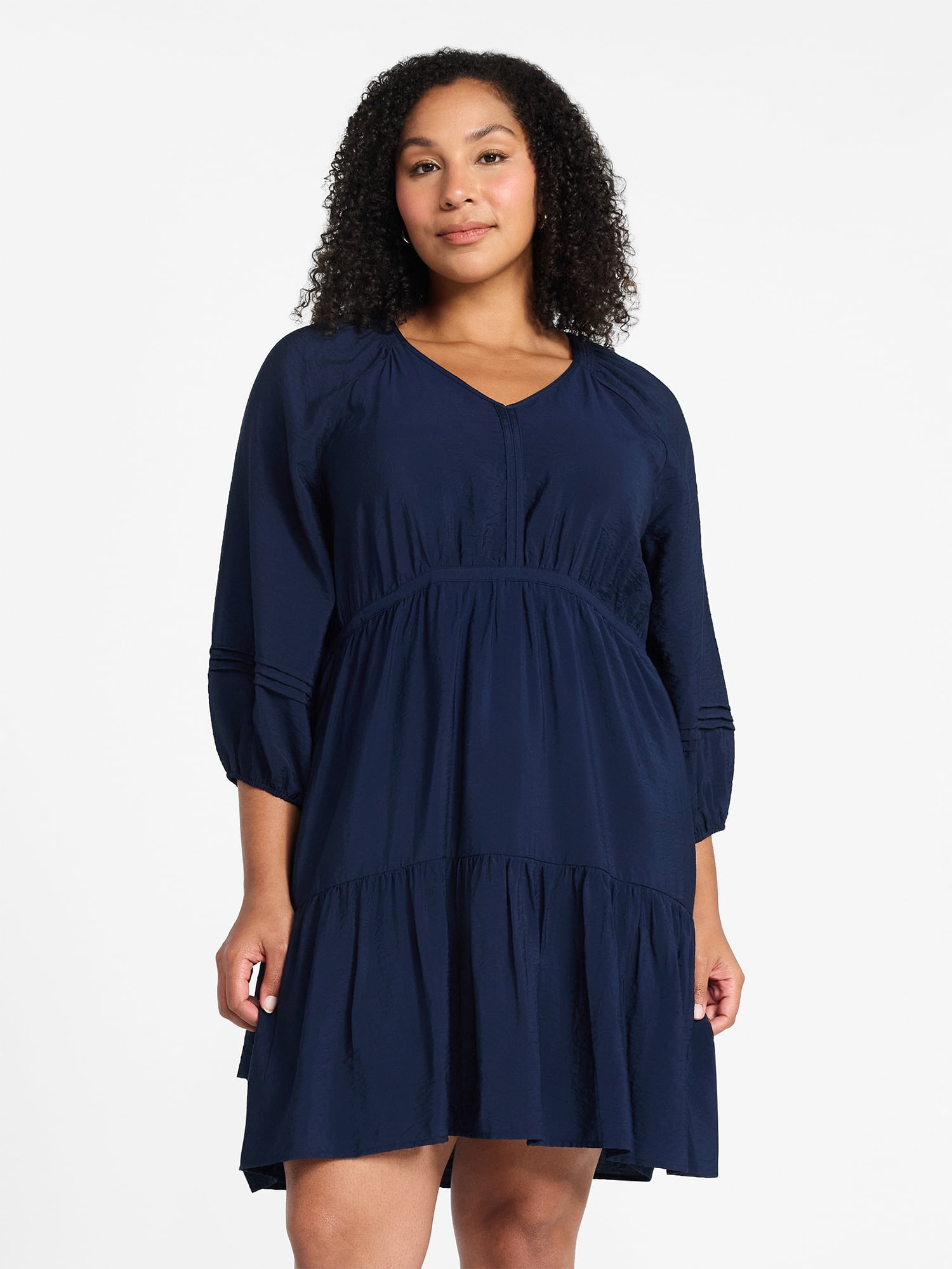 Time and Tru Women's Tiered Mini Dress with ¾ Sleeves, Sizes XS-XXXL