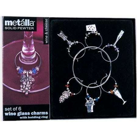 Wine Glass Beverage Charms - Metalla Solid Pewter Set of 6 Silver Finish Wine & Cheese Themed Wine Glass Charms with Holding Ring