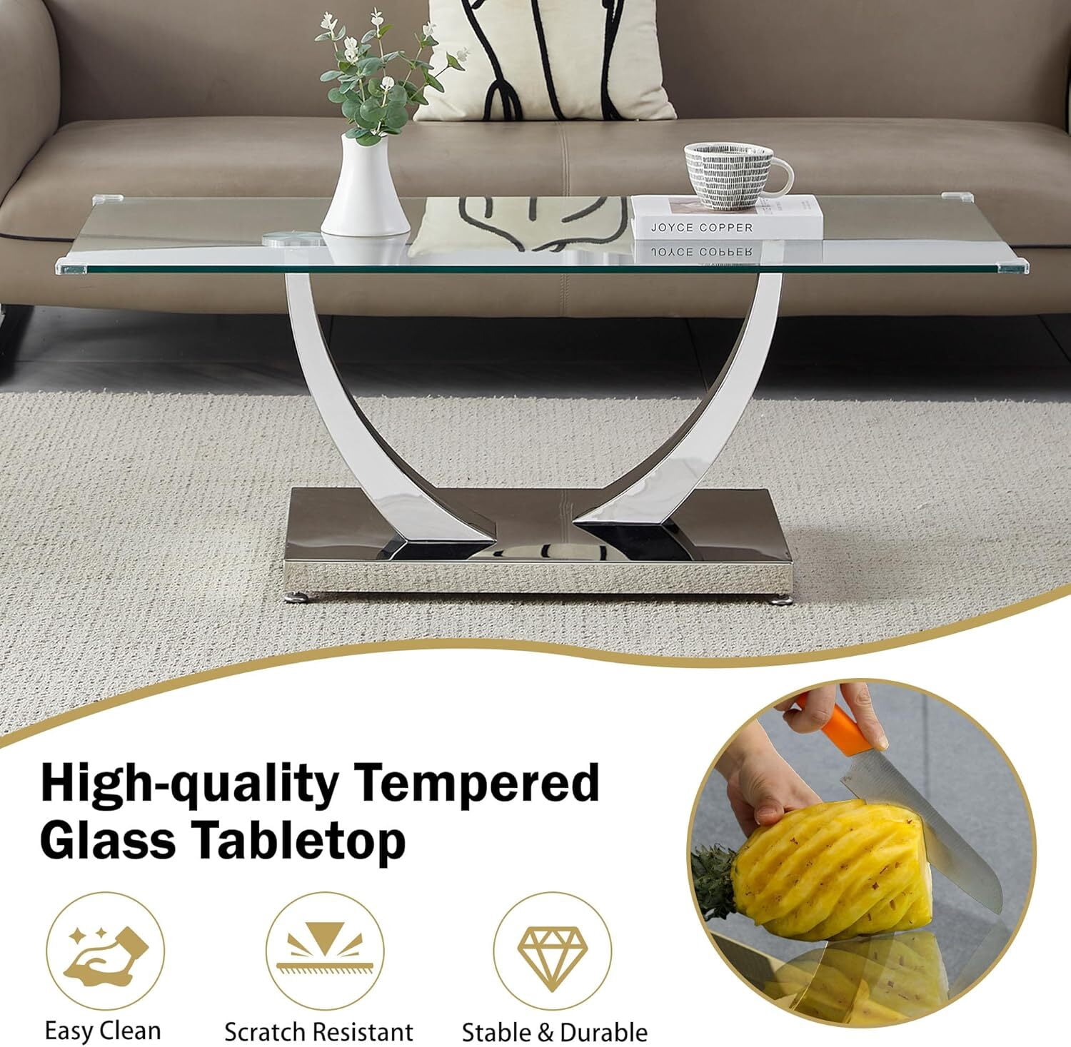 47" Glass Coffee Table, Modern Living Room Table with 0.39" Tempered Glass Top & Mirrored U-Shape Stainless Steel Base, Sofa Center Table for Apartment, Home, Office.