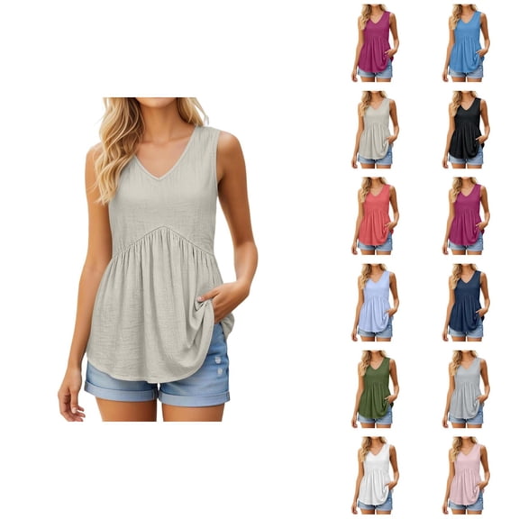 Tank Tops for Women Lightweight Cotton Linen V Neck Loose Ruffle Flowy Sleeveless Shirt Summer Outfits