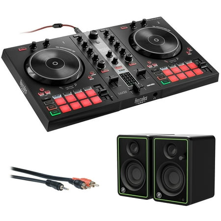 Hercules DJ Control Inpulse 300 2-Deck USB DJ Controller for Serato DJ Lite and DJUCED Bundle with Mackie CR3-X Multimedia Monitors (Pair, Black) and 6' Mini to RCA Cables