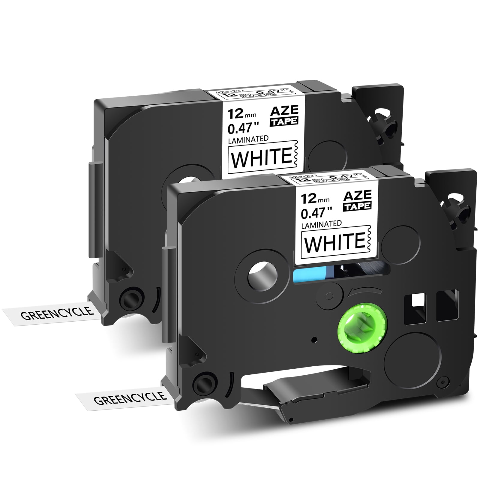 GREENCYCLE 2 Pack Compatible for Brother P Touch TZe Label Tape TZe-231 TZe 231 TZe231 1/2 Inch Laminated Black on White for P-Touch Labeler PT-D210 PT-H100 PT-D400 PT-D600 (0.47' x 26.2' 12mm x 8m)