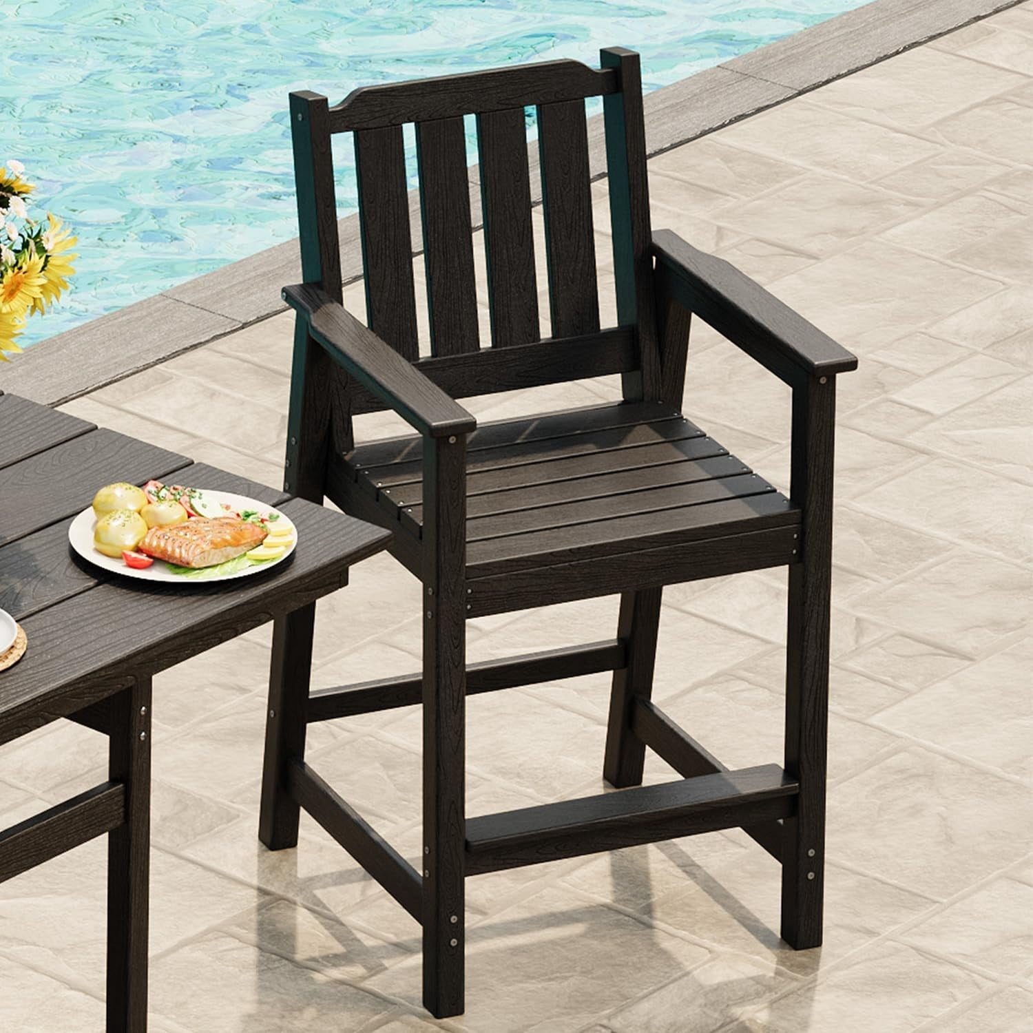 Adirondack Bar Chair Set of 2, HDPE Outdoor Bar Stools with Footrest, All Weather Adirondack Bar Height Chairs for Patio, Balcony, Porch, Deck, Poolside, Obsidian