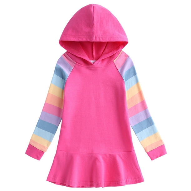 Odeerbi Niñas Sudaderas Con Capucha Vestido Plisado Sudadera de Algodón Vestido Rayas Arco Iris Manga Larga Vestido Suelto