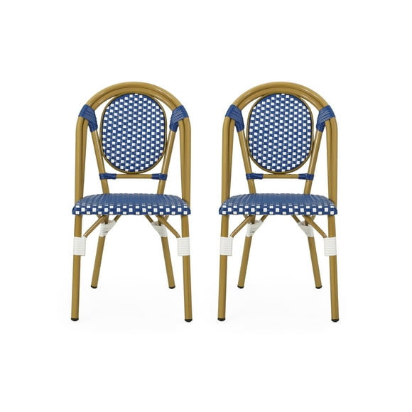 Remi Outdoor French Bistro Chairs (Set of 2), Blue, White, and Bamboo Finish
