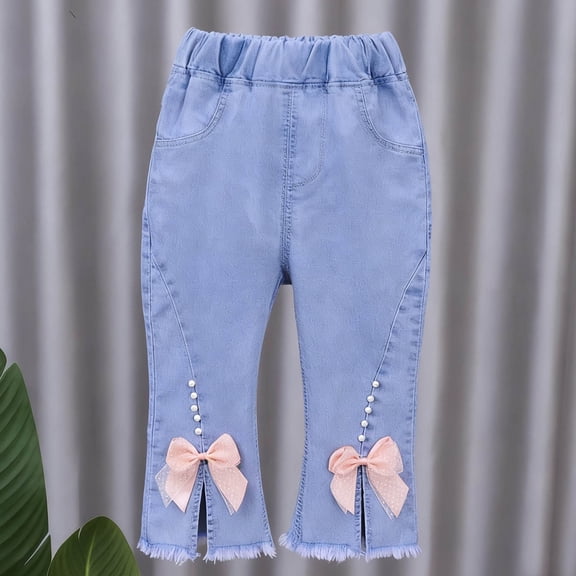 hengsof Girls Bow and Pearl Flare Denim Pants for 1-6 Years, Capri Length Split Hem Casual Bottoms, Spring Summer Play Wear